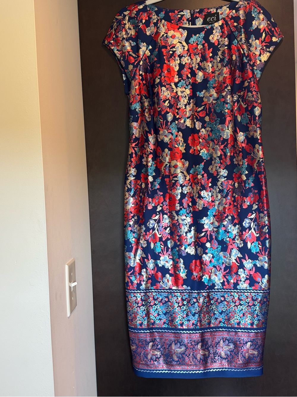 ECI Navy Floral Sheath Dress with Red & Teal Blooms